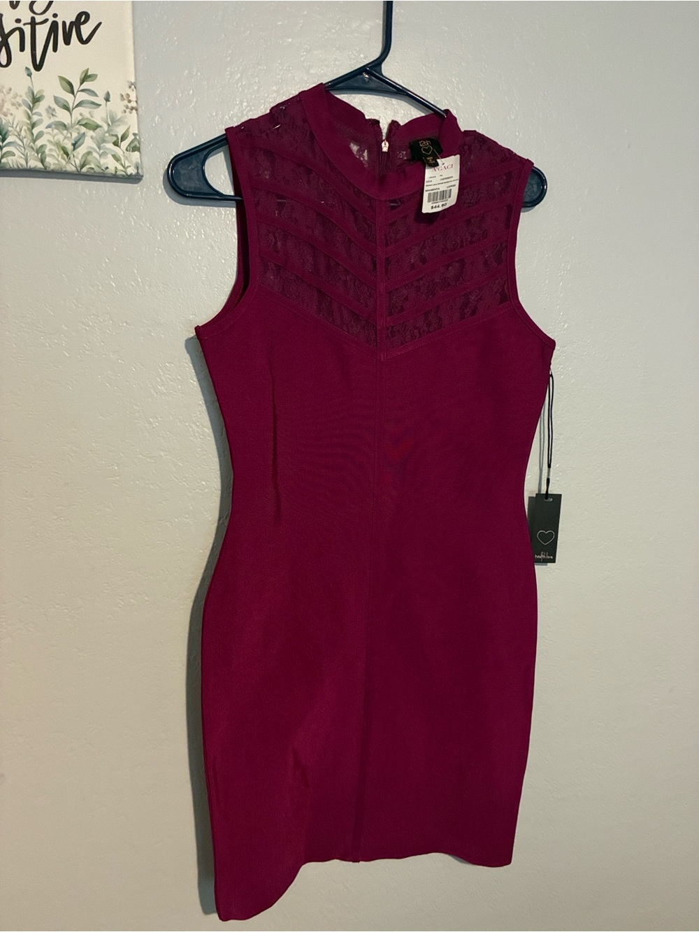 A'GACI Magenta Solid Lace Lined Sleeveless Mock Neck Bodycon Dress Size L